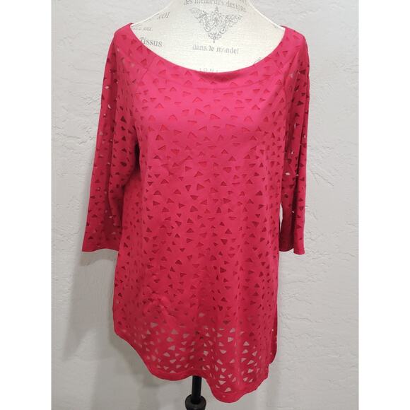 Perseption Concept Red Triangle Shape See Through Side HighLow 3/4 Sleeve Blouse - Picture 10 of 10